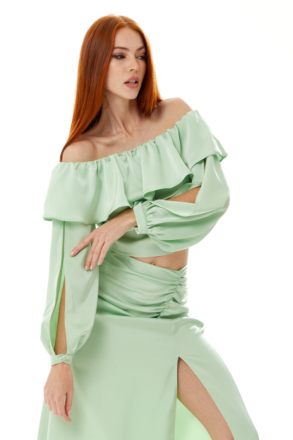 Liquorish Women's Ruffle Long Sleeve Off Shoulder Top With Sleeve Slits In Mint Green