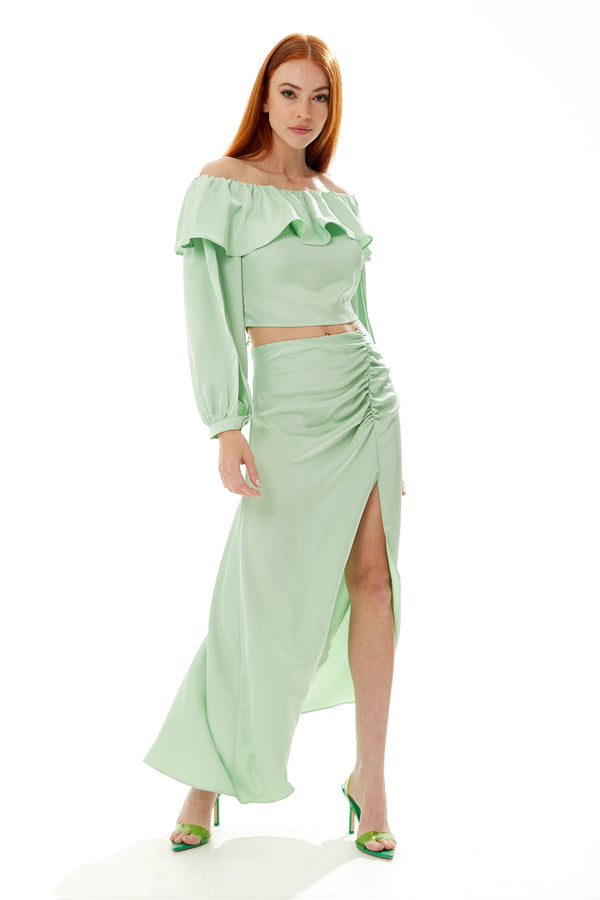 Liquorish Women's Ruffle Long Sleeve Off Shoulder Top With Sleeve Slits In Mint Green