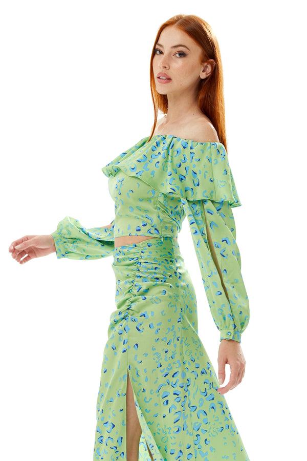 Liquorish Women’s Ruffle Long Sleeve Off The Shoulder Top In Green & Blue Animal Print With Sleeve Slits - Crop Fit