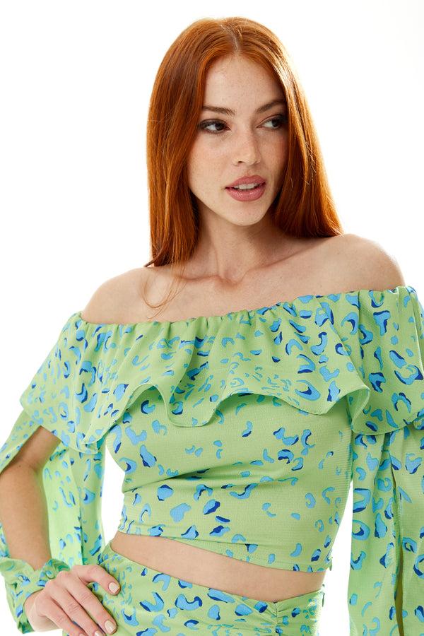 Liquorish Women’s Ruffle Long Sleeve Off The Shoulder Top In Green & Blue Animal Print With Sleeve Slits - Crop Fit