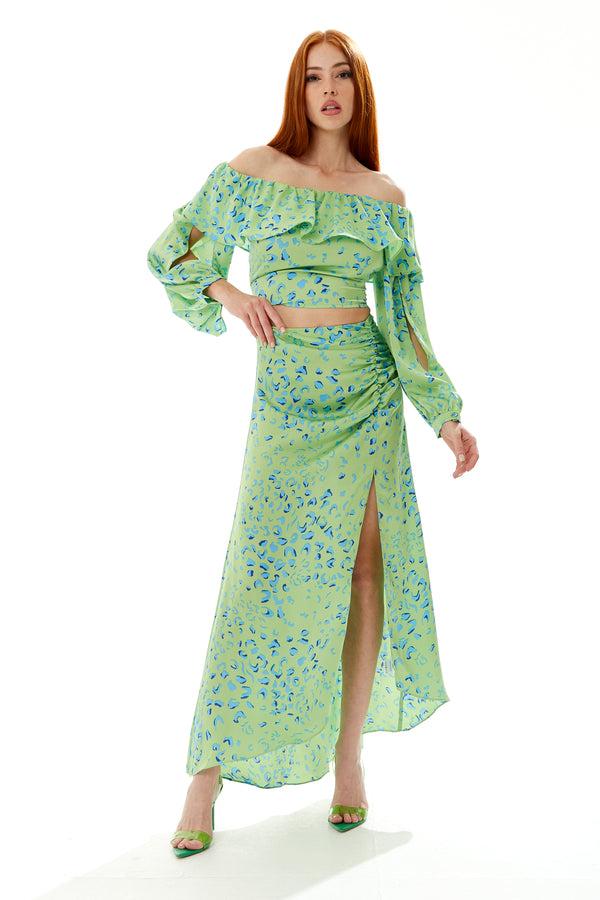 Liquorish Women’s Ruffle Long Sleeve Off The Shoulder Top In Green & Blue Animal Print With Sleeve Slits - Crop Fit