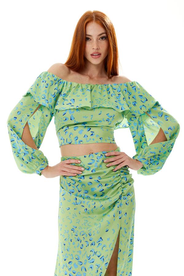 Liquorish Women’s Ruffle Long Sleeve Off The Shoulder Top in Green & Blue Animal Print with Sleeve Slits - Crop Fit