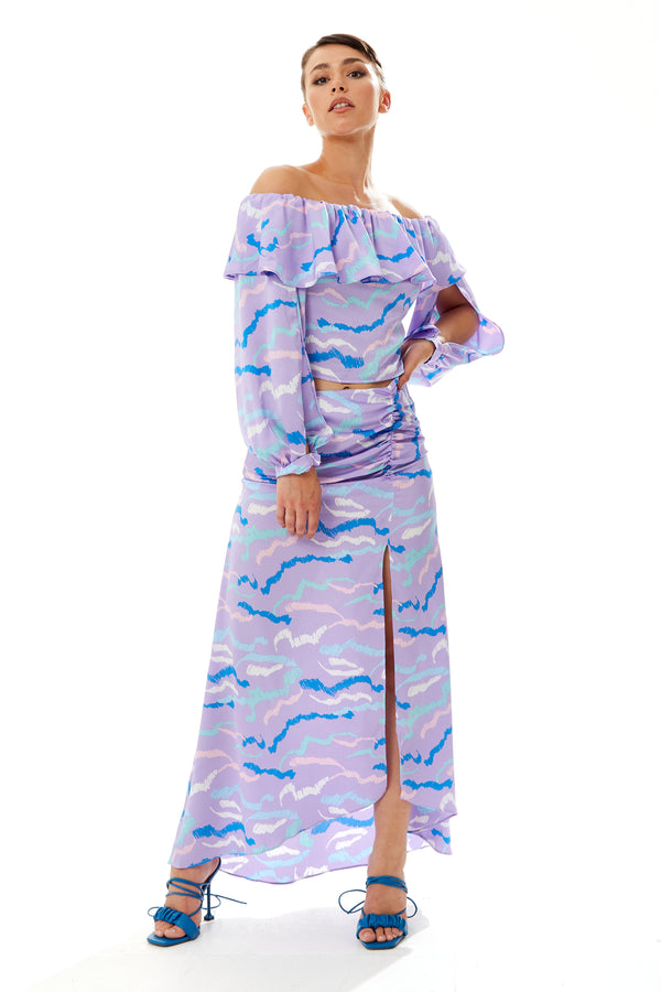 Liquorish Women's Ruffle Long Sleeve Off The Shoulder Top With Sleeve Slits In Lilac - Abstract Print Crop Fit