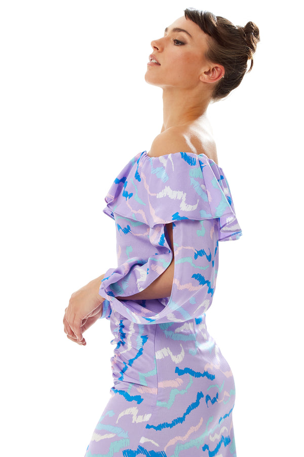 Liquorish Women's Ruffle Long Sleeve Off The Shoulder Top With Sleeve Slits In Lilac - Abstract Print Crop Fit