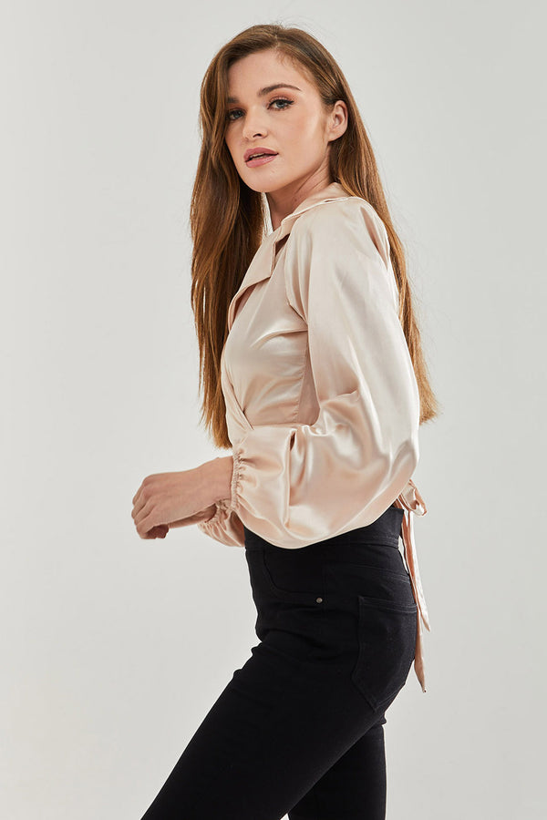 Liquorish Women's Satin Wrap Top In Cream With Full Length Sleeves Collar Detail And Crop Length - Stylish And Regular Fit