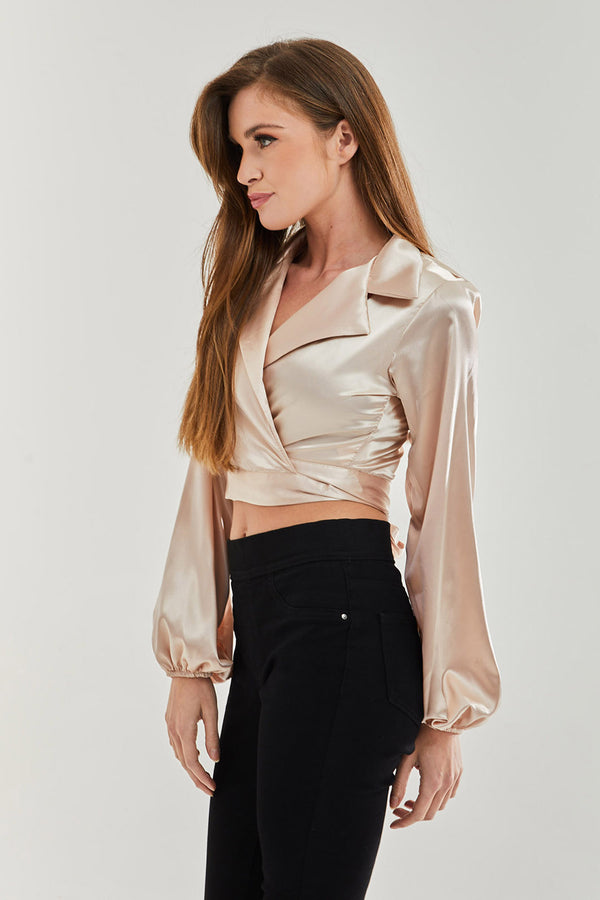Liquorish Women's Satin Wrap Top In Cream With Full Length Sleeves Collar Detail And Crop Length - Stylish And Regular Fit