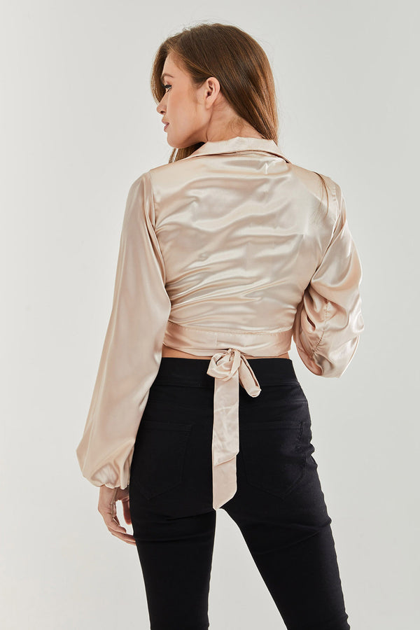 Liquorish Women's Satin Wrap Top In Cream With Full Length Sleeves Collar Detail And Crop Length - Stylish And Regular Fit