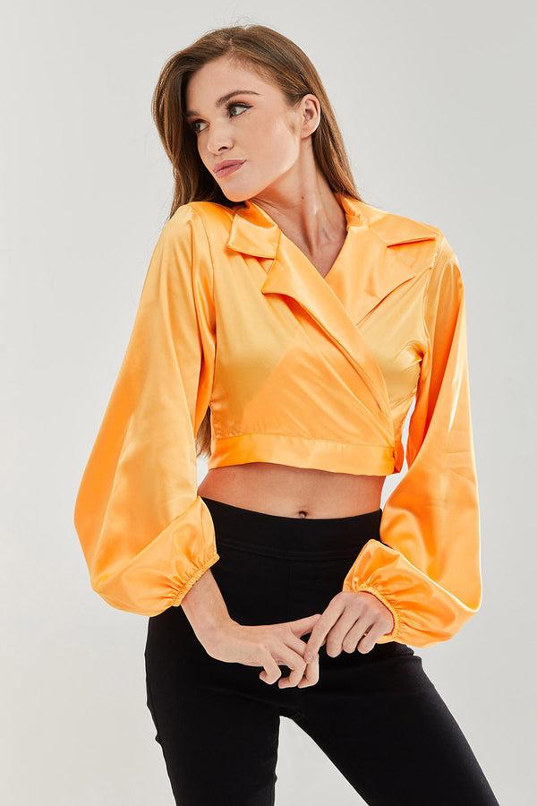 Liquorish Women’s Satin Wrap Top In Orange - Crop Length Collar Full Length Sleeves Regular Fit Available In Sizes 8-12