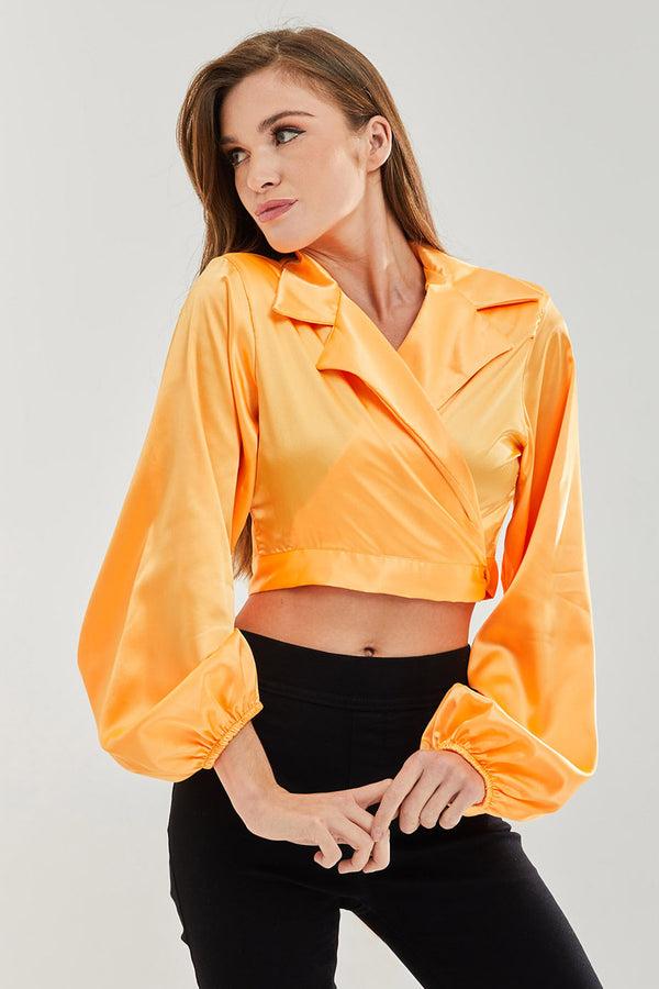 Liquorish Women’s Satin Wrap Top In Orange - Crop Length Collar Full Length Sleeves Regular Fit Available In Sizes 8-12