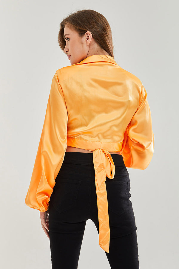 Liquorish Women’s Satin Wrap Top In Orange - Crop Length Collar Full Length Sleeves Regular Fit Available In Sizes 8-12