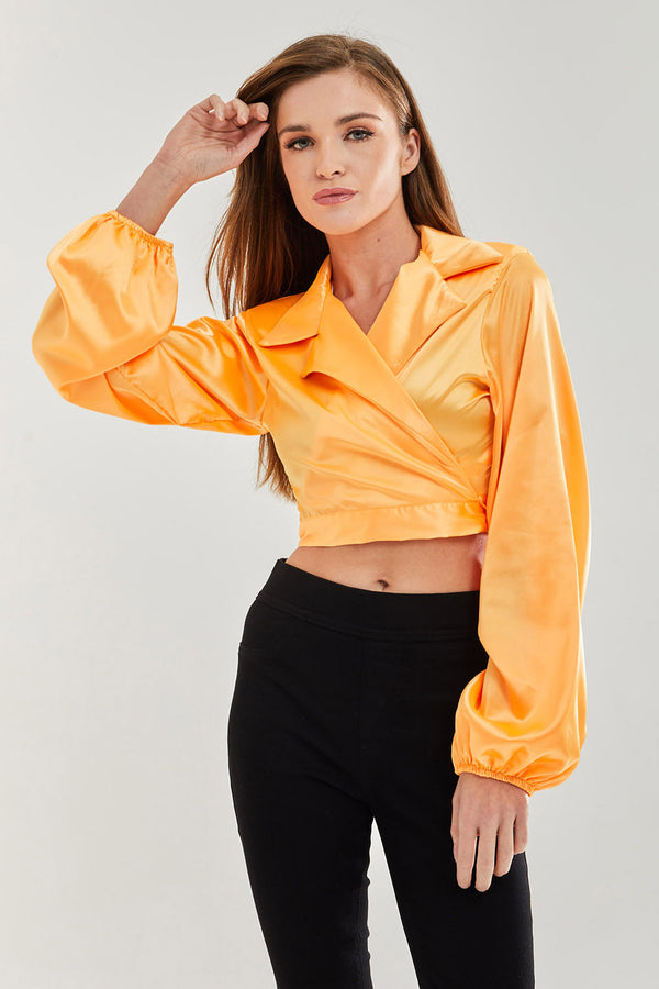 Liquorish Women’s Satin Wrap Top in Orange - Crop length collar full length sleeves regular fit available in sizes 8-12