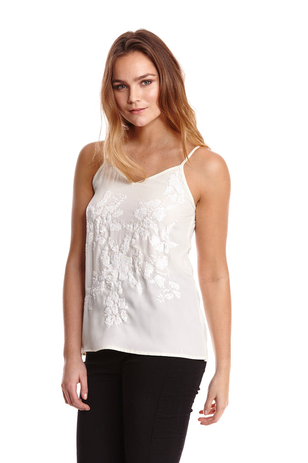 Liquorish Women's Sequin Cream Cami Top With Spaghetti Straps Loose Fit Embroidered Detailing Perfect For Stylish Outings