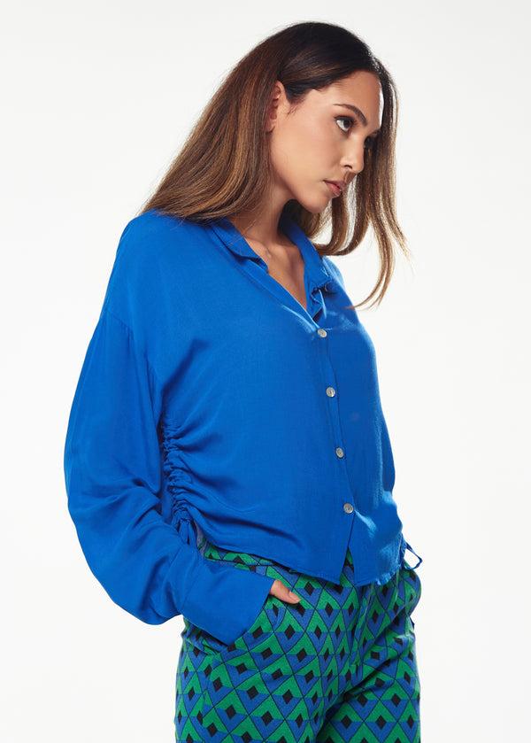 Liquorish Women's Shirt In Blue With Side Drawstring Detail Balloon Sleeves & Classic Collar - Regular Fit