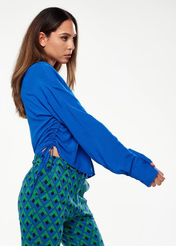 Liquorish Women's Shirt In Blue With Side Drawstring Detail Balloon Sleeves & Classic Collar - Regular Fit