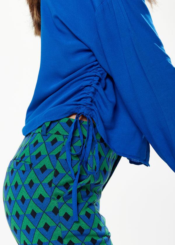 Liquorish Women's Shirt In Blue With Side Drawstring Detail Balloon Sleeves & Classic Collar - Regular Fit