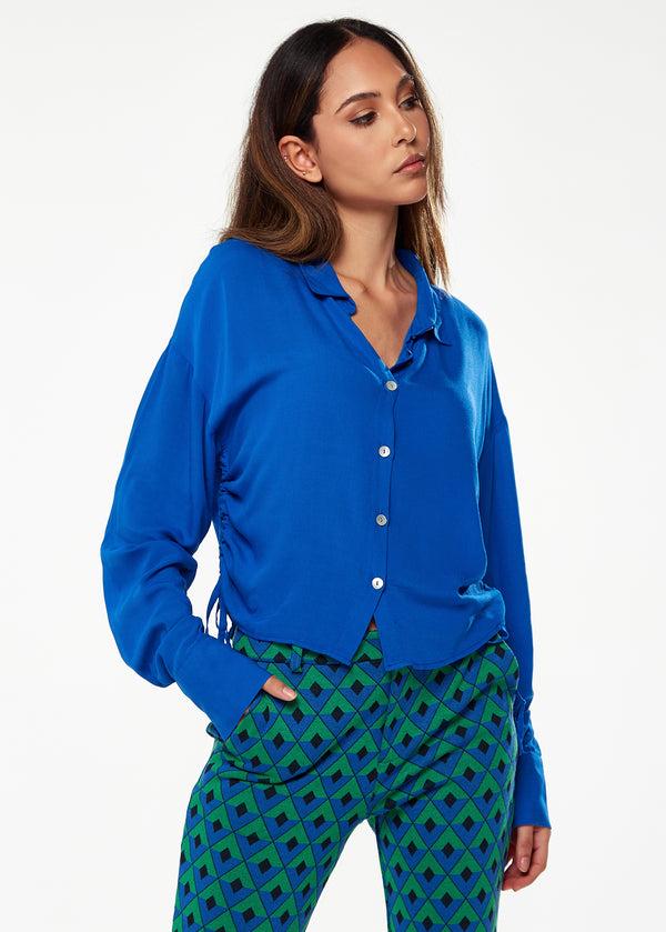 Liquorish Women's Shirt in Blue with Side Drawstring Detail Balloon Sleeves & Classic Collar - Regular Fit