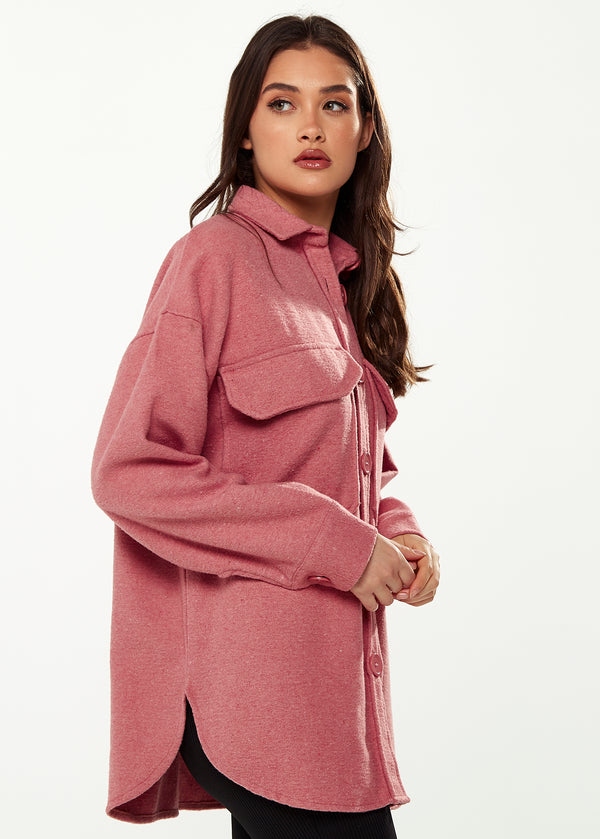 Liquorish Women’s Shirt Jacket With Oversized Pocket In Pink - Classic Button-Up Collar Full-Length Sleeves Oversized Fit