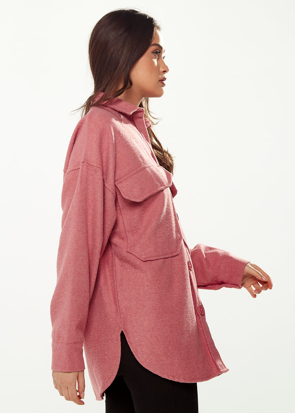 Liquorish Women’s Shirt Jacket With Oversized Pocket In Pink - Classic Button-Up Collar Full-Length Sleeves Oversized Fit