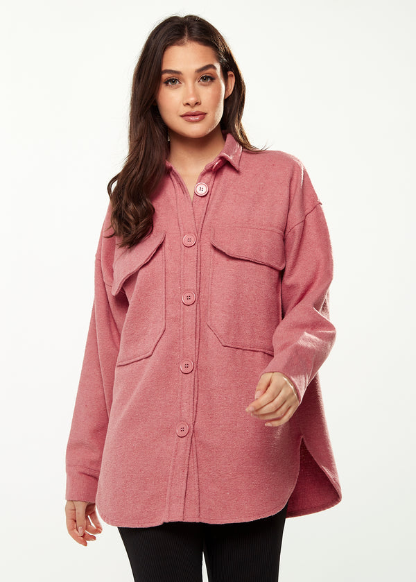 Liquorish Women’s Shirt Jacket with Oversized Pocket in Pink - Classic Button-Up Collar Full-Length Sleeves Oversized Fit