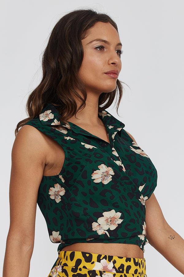 Liquorish Women's Shirt Tie Front In Leopard And Floral Print - Shirt Collar Button Placket Tie-hem Mixed Print Regular Fit