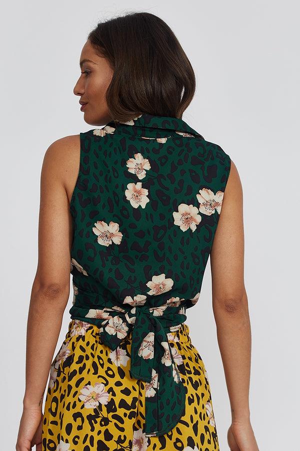 Liquorish Women's Shirt Tie Front In Leopard And Floral Print - Shirt Collar Button Placket Tie-hem Mixed Print Regular Fit