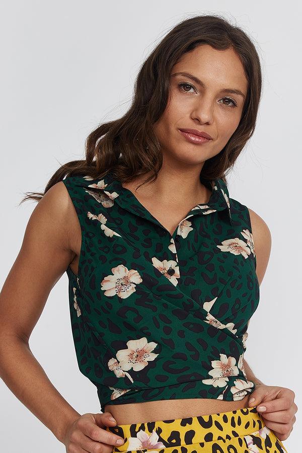 Liquorish Women's Shirt Tie Front in Leopard and Floral Print - Shirt collar button placket tie-hem mixed print regular fit