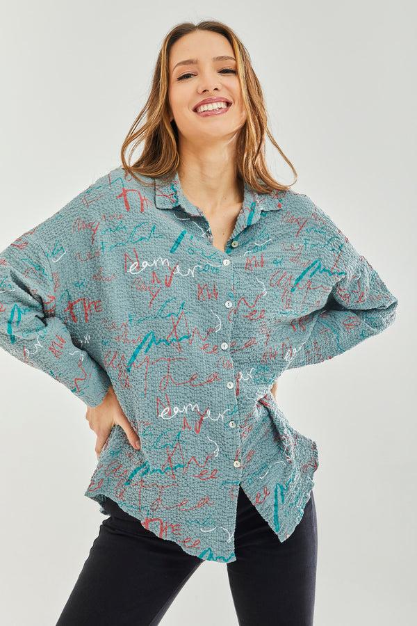 Liquorish Women’s Shirt With Multicolour Signature Pattern In Mint - Collar & Cuffs Full Length Sleeves Regular Fit UK Sizes 8-12