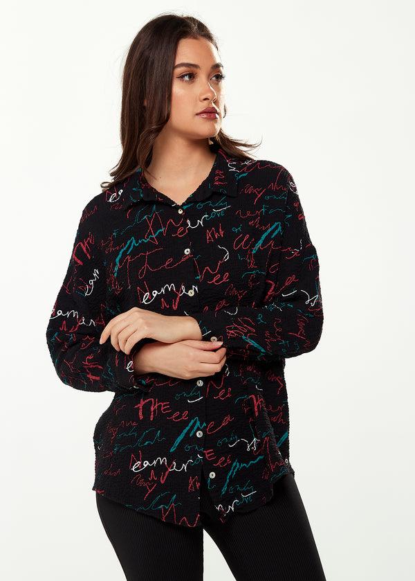 Liquorish Women's Shirt With Multicolour Signature Pattern In Black - Long Sleeves Classic Collar Button-Up Style Regular Fit