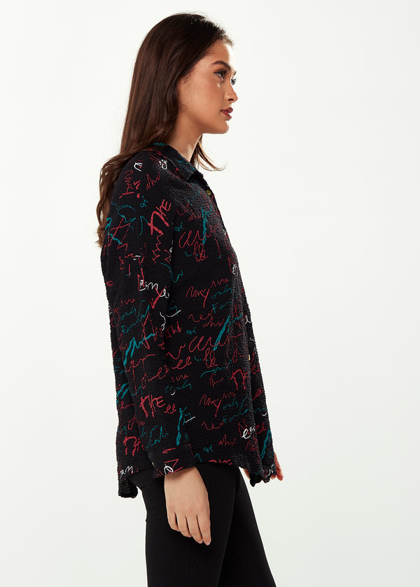 Liquorish Women's Shirt With Multicolour Signature Pattern In Black - Long Sleeves Classic Collar Button-Up Style Regular Fit