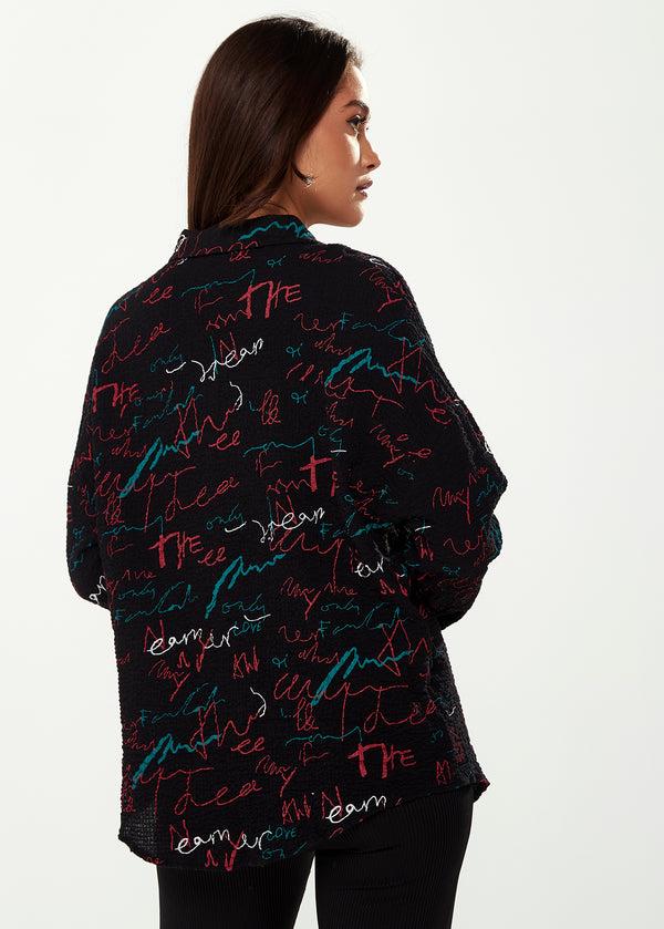 Liquorish Women's Shirt With Multicolour Signature Pattern In Black - Long Sleeves Classic Collar Button-Up Style Regular Fit