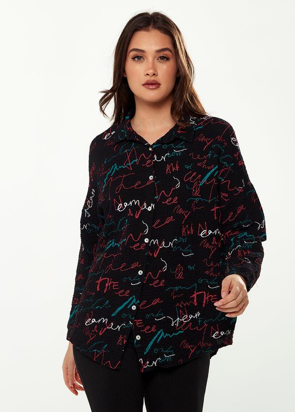 Liquorish Women's Shirt with Multicolour Signature Pattern in Black - Long Sleeves Classic Collar Button-Up Style Regular Fit