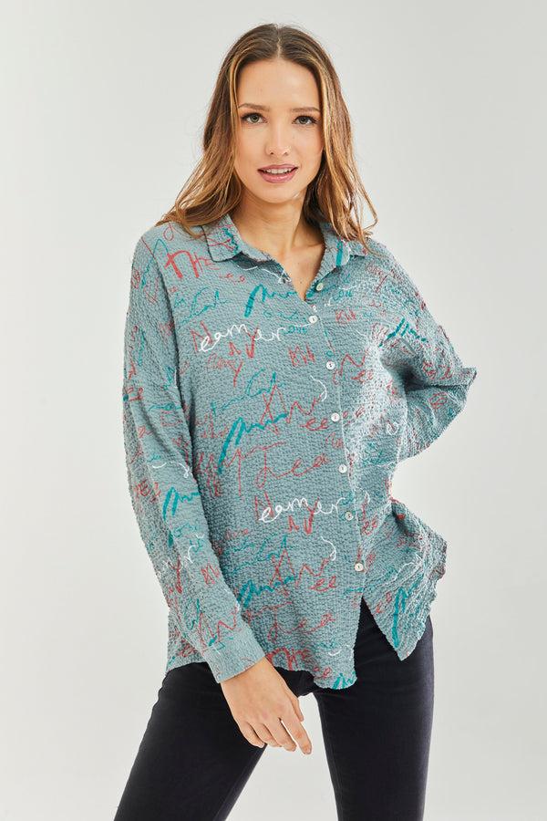 Liquorish Women’s Shirt with Multicolour Signature Pattern in Mint - Collar & cuffs Full length sleeves Regular fit UK sizes 8-12