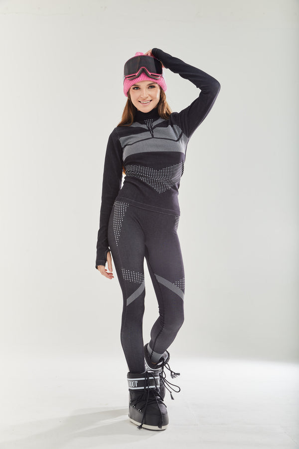 Liquorish Women's Ski Base Layer Seamless Tights in Black with Full-Length Design and Sporty Style