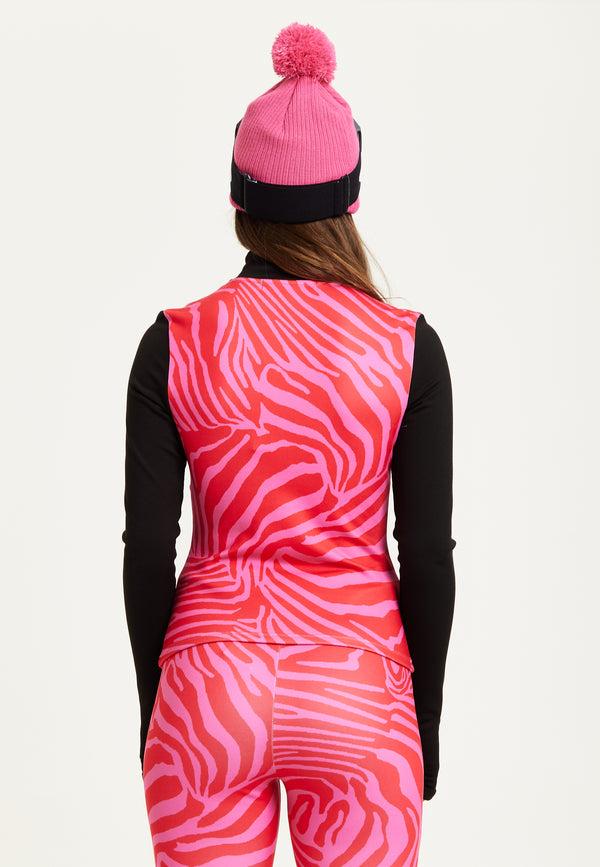 Liquorish Women's Ski Base Layer Top In Pink Zebra Print With Zip Fastening Regular Fit And Thumbhole Cuffs For Comfort