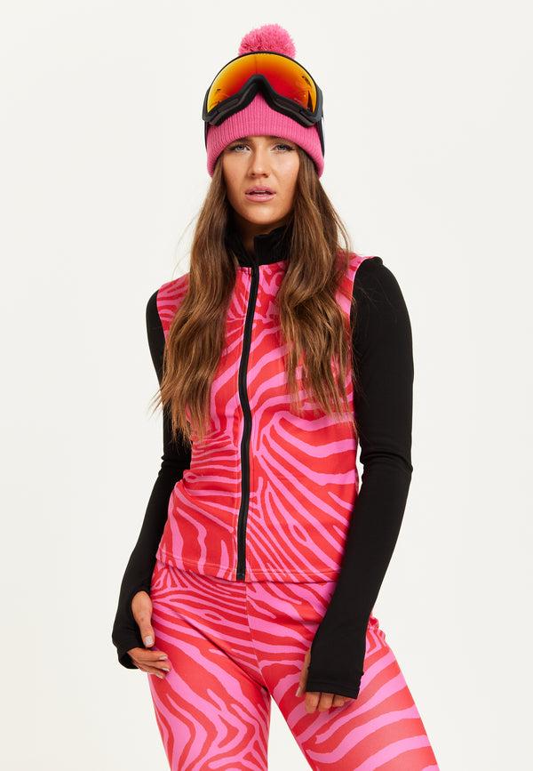 Liquorish Women's Ski Base Layer Top in Pink Zebra Print with Zip Fastening Regular Fit and Thumbhole Cuffs for Comfort