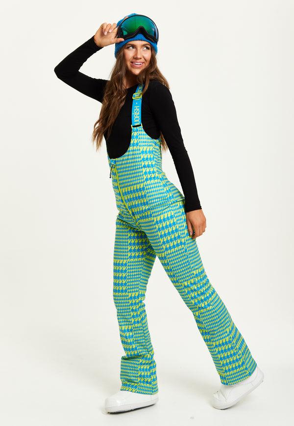 Liquorish Women's Ski Waterproof Salopette In Multi Dogtooth Print - Sleeveless Adjustable Straps Skinny Fit Zip Fastening