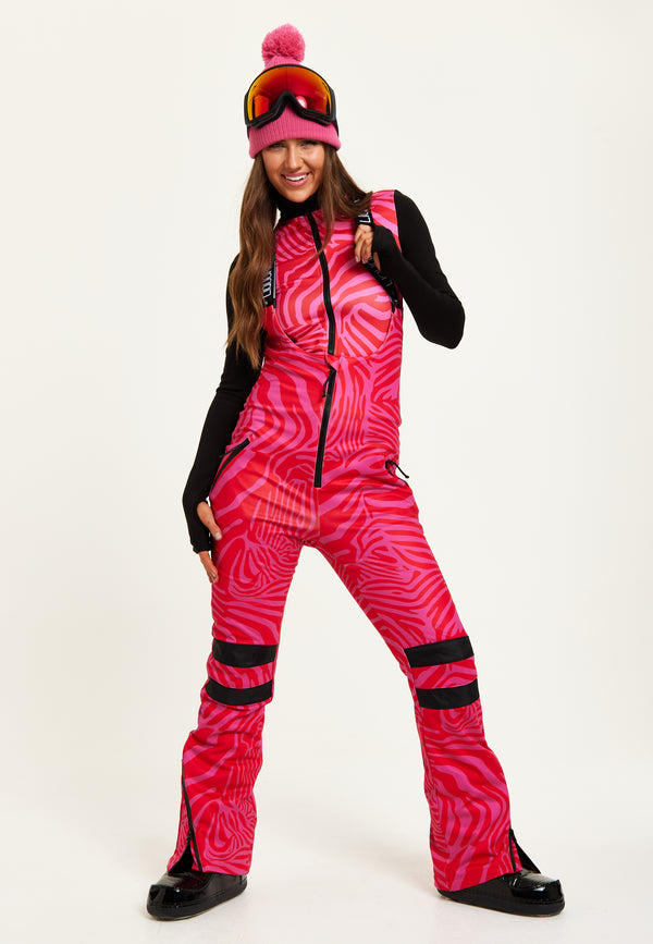 Liquorish Women’s Ski Waterproof Salopette In Pink Zebra Print - Sleeveless Adjustable Straps Skinny Fit Zip Fastening Side Pockets