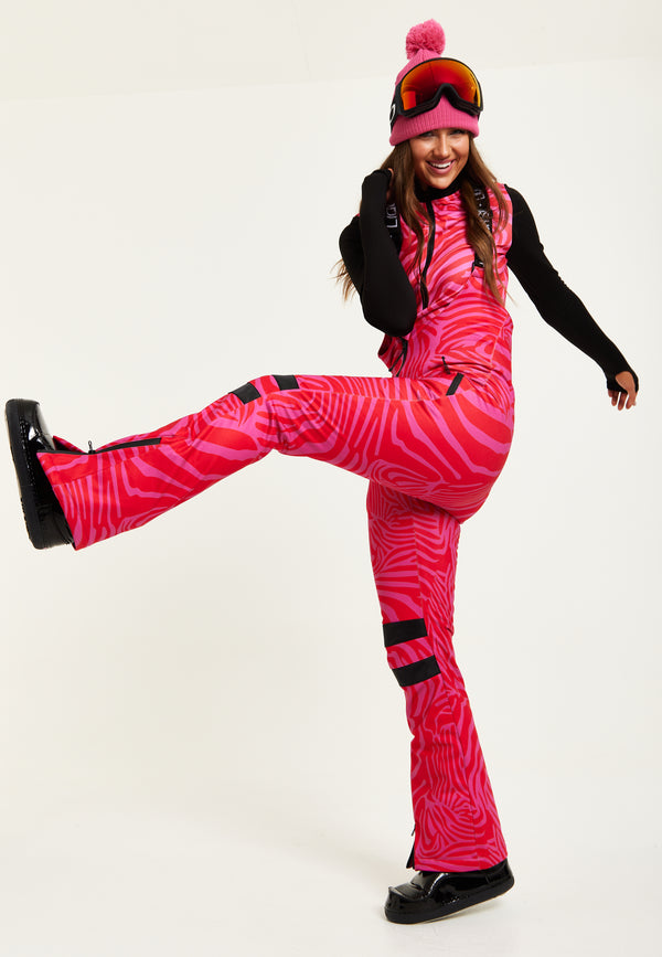 Liquorish Women’s Ski Waterproof Salopette In Pink Zebra Print - Sleeveless Adjustable Straps Skinny Fit Zip Fastening Side Pockets