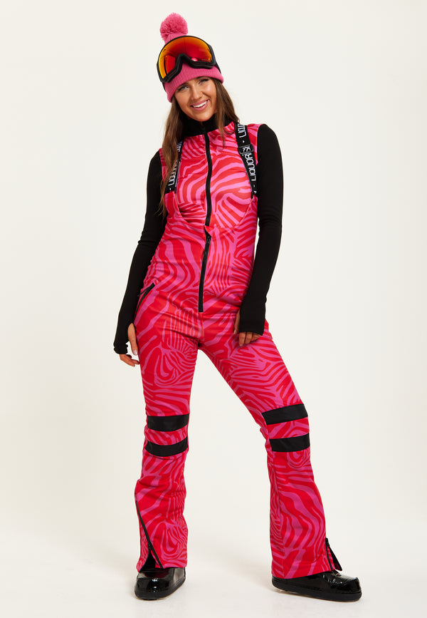 Liquorish Women’s Ski Waterproof Salopette In Pink Zebra Print - Sleeveless Adjustable Straps Skinny Fit Zip Fastening Side Pockets
