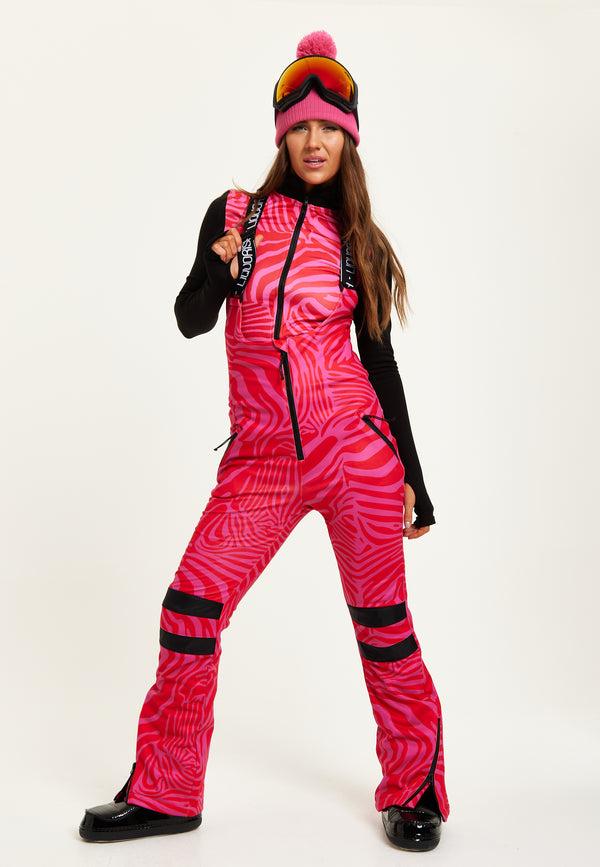 Liquorish Women’s Ski Waterproof Salopette in Pink Zebra Print - Sleeveless Adjustable Straps Skinny Fit Zip Fastening Side Pockets