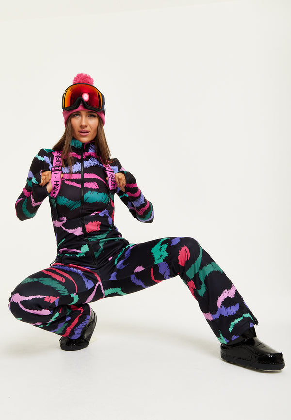 Liquorish Women's Ski Waterproof Sleeveless Salopette In Black Abstract Print With Adjustable Straps And Zip Side Pockets