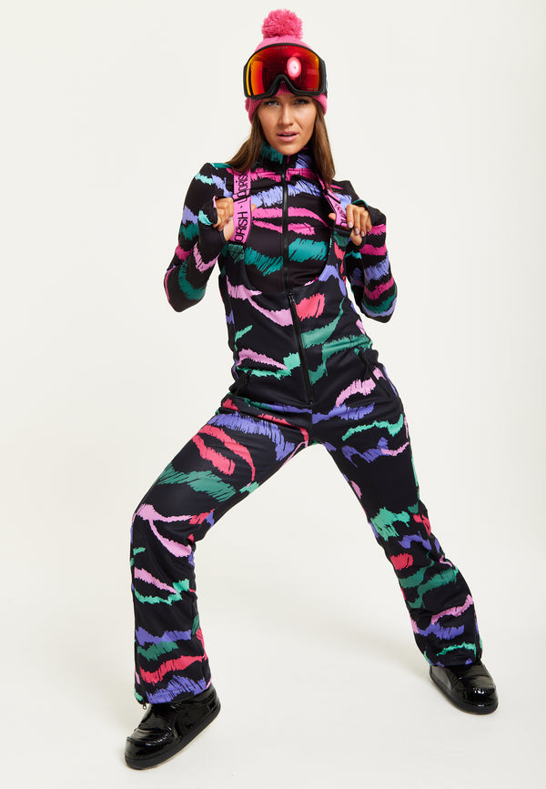 Liquorish Women's Ski Waterproof Sleeveless Salopette In Black Abstract Print With Adjustable Straps And Zip Side Pockets