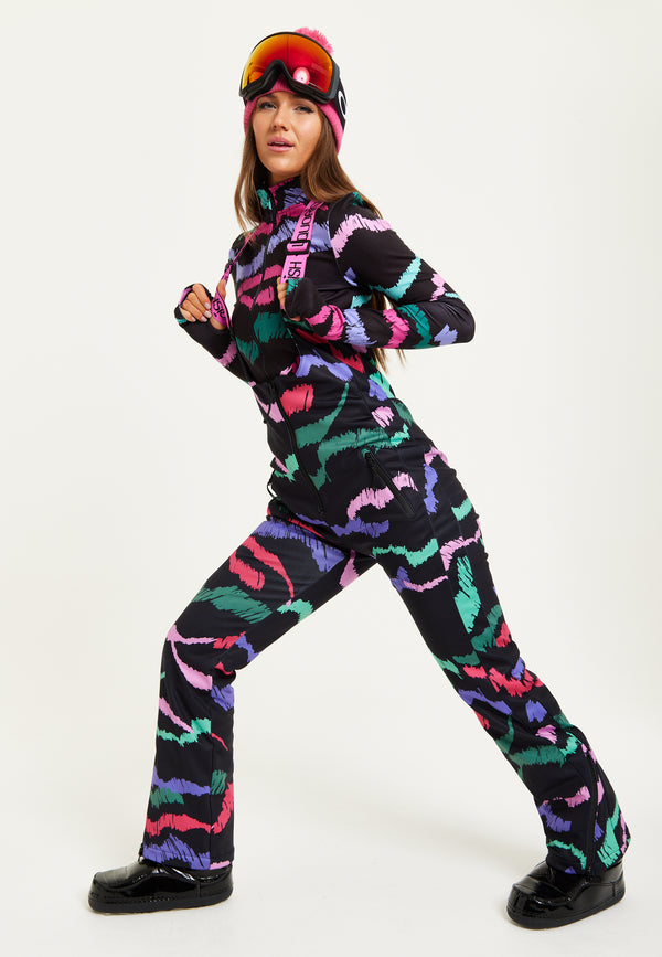 Liquorish Women's Ski Waterproof Sleeveless Salopette In Black Abstract Print With Adjustable Straps And Zip Side Pockets