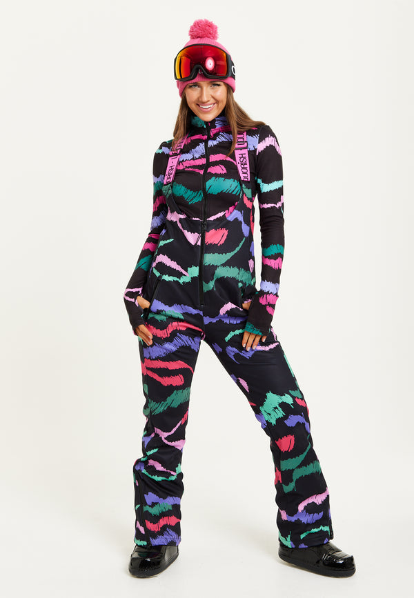 Liquorish Women's Ski Waterproof Sleeveless Salopette in Black Abstract Print with Adjustable Straps and Zip Side Pockets