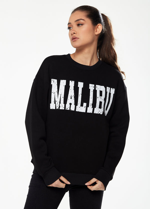Liquorish Women’s Sweatshirt With Malibu Print In Black - Classic Round Neck Long Sleeves Comfortable Fit Versatile Style