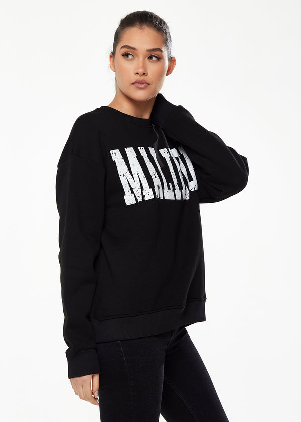 Liquorish Women’s Sweatshirt With Malibu Print In Black - Classic Round Neck Long Sleeves Comfortable Fit Versatile Style
