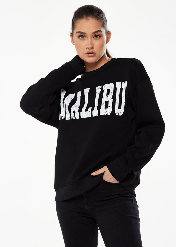 Liquorish Women’s Sweatshirt with Malibu Print in Black - Classic Round Neck Long Sleeves Comfortable Fit Versatile Style