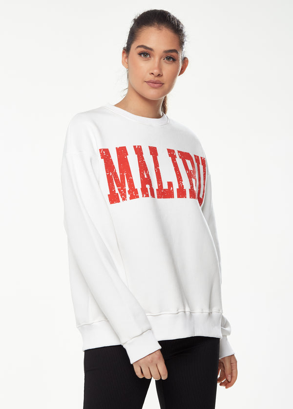 Liquorish Women’s Sweatshirt With Malibu Print In White - Cozy Classic Round Neck Full-Length Sleeves Ribbed Cuffs Regular Fit