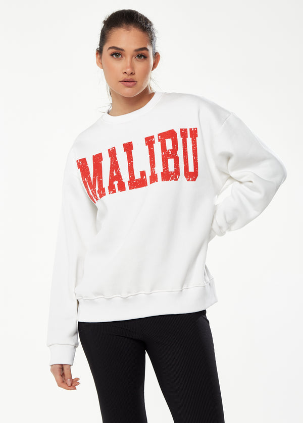 Liquorish Women’s Sweatshirt With Malibu Print In White - Cozy Classic Round Neck Full-Length Sleeves Ribbed Cuffs Regular Fit