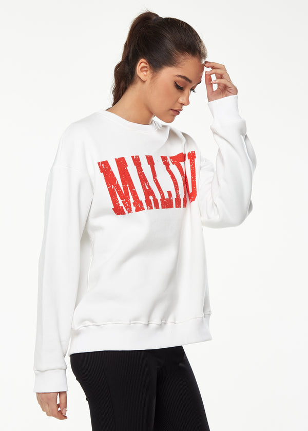 Liquorish Women’s Sweatshirt With Malibu Print In White - Cozy Classic Round Neck Full-Length Sleeves Ribbed Cuffs Regular Fit